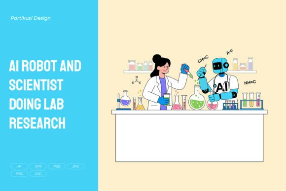 AI Robot and Scientist Doing Lab