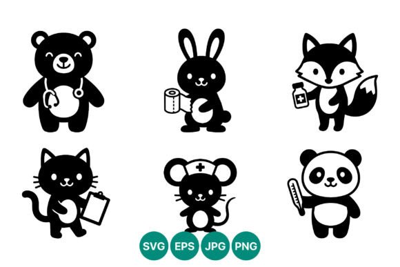 Cute Black White Animal Doctors Vector